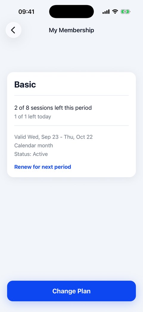 OnRepClub membership screen showing sessions left this period