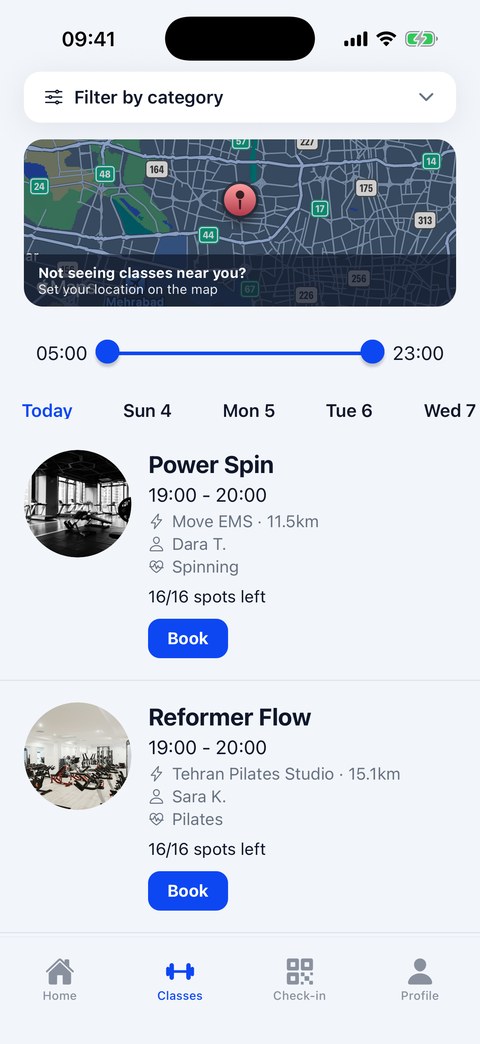 OnRepClub classes list showing instructor names and studios