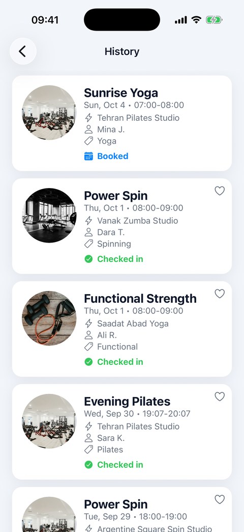 OnRepClub booking history showing past and upcoming classes